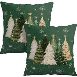 Green Christmas Outdoor Pillow Covers 18x18 Set of 2 White Gold Xmas Tree Snowflakes Pillow Case Rustic Farmhouse Winter Holiday Decorative Pillowcases for Home Sofa Couch