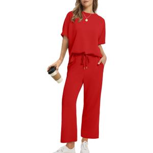 Sampeel Two Piece Sets for Women Summer Outfits Oversized Wide Leg Crop Pants Lounge Sets Airport Beach Vacation Clothes (Small, Red)