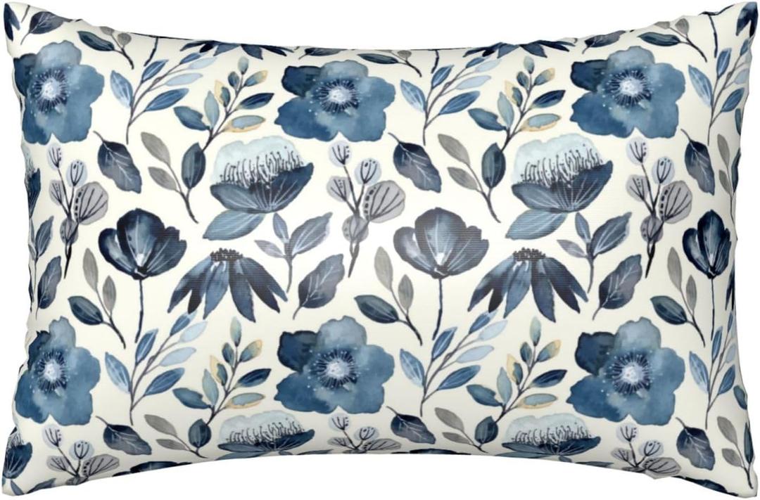 Imitation Silk Pillow Case for Hair and Skin Watercolor Blue Floral Leaves Queen Size 1 Pack Satin Pillow Cases with Zipper Super Soft Pillow Cover for Women Bed Sleeping, 20x30 Inches