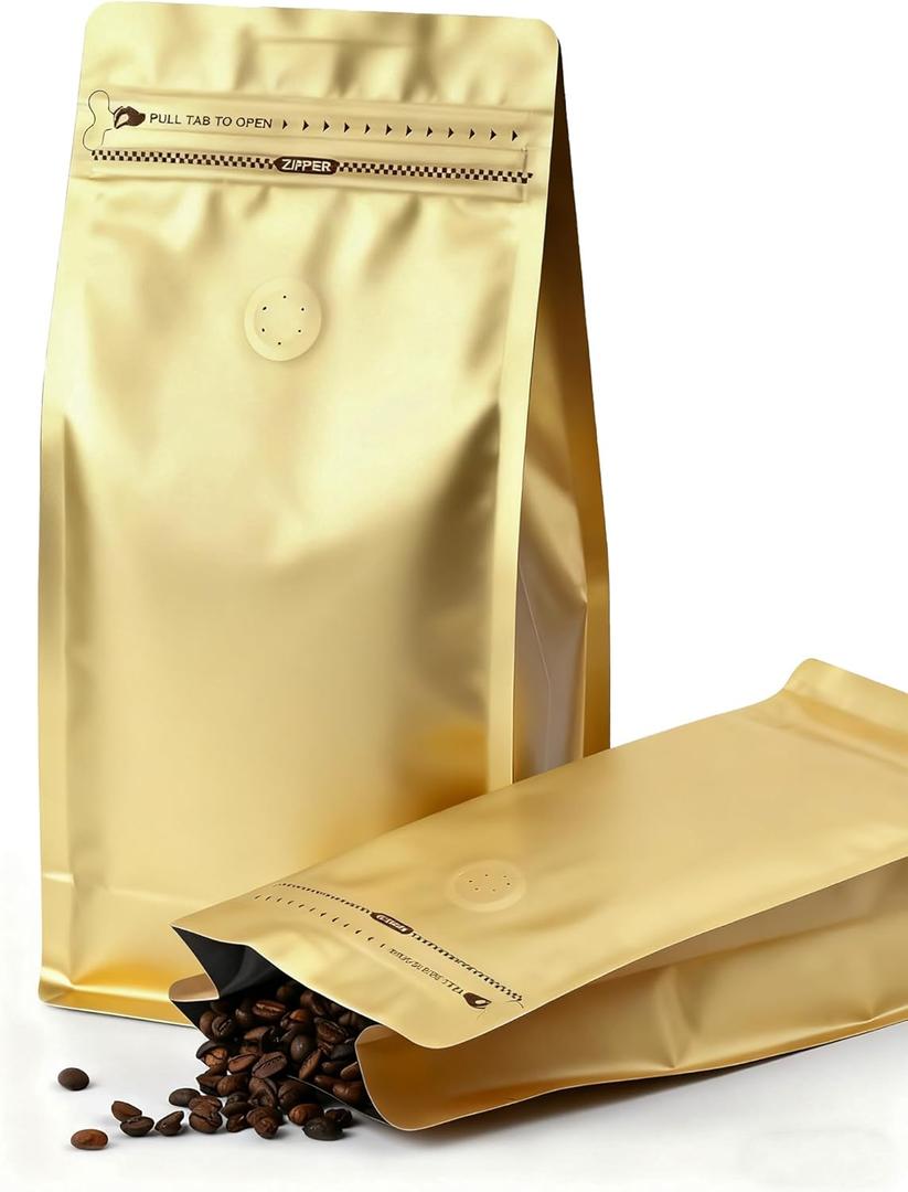 FireKylin 50 PCS Coffee Bags with Valve, (8 oz, 0.5 lb) Stand Up Pouches, Resealable coffee bean bags, Vented food storage bags Pull Tab Side Zipper(Gold)
