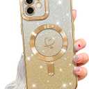 NITITOP Compatible with iPhone 12 Case Cute Clear Glitter [Compatible for MagSafe] Plating Heart Sparkle Bling Magnetic Girl Women Electroplated Frame Camera Protection Back Cover - Gold