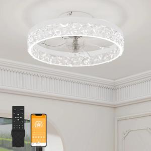 VOLISUN Fandelier Ceiling Fans with Light, 15.7in Low Profile Ceiling Fan with Light and Remote, 3000K-6500K Dimmable Bladeless Ceiling Fan Flush Mount, White Modern Ceiling Fan with Light for Bedroom