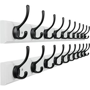Dseap Coat Rack Wall Mounted: 10-Hooks, 38-1/4" Long, 16" Hole to Hole, Wood Coat Hooks Wall Mounted, Hook Rack, Hook Rail, Hooks for Hanging Coats, White & Black, Pack of 2