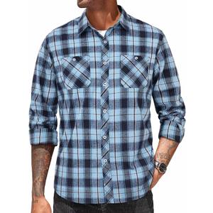 COOFANDY Men's Flannel Plaid Shirts Long Sleeve Casual Button Down Shirt with Pockets (Blue, 4XL)