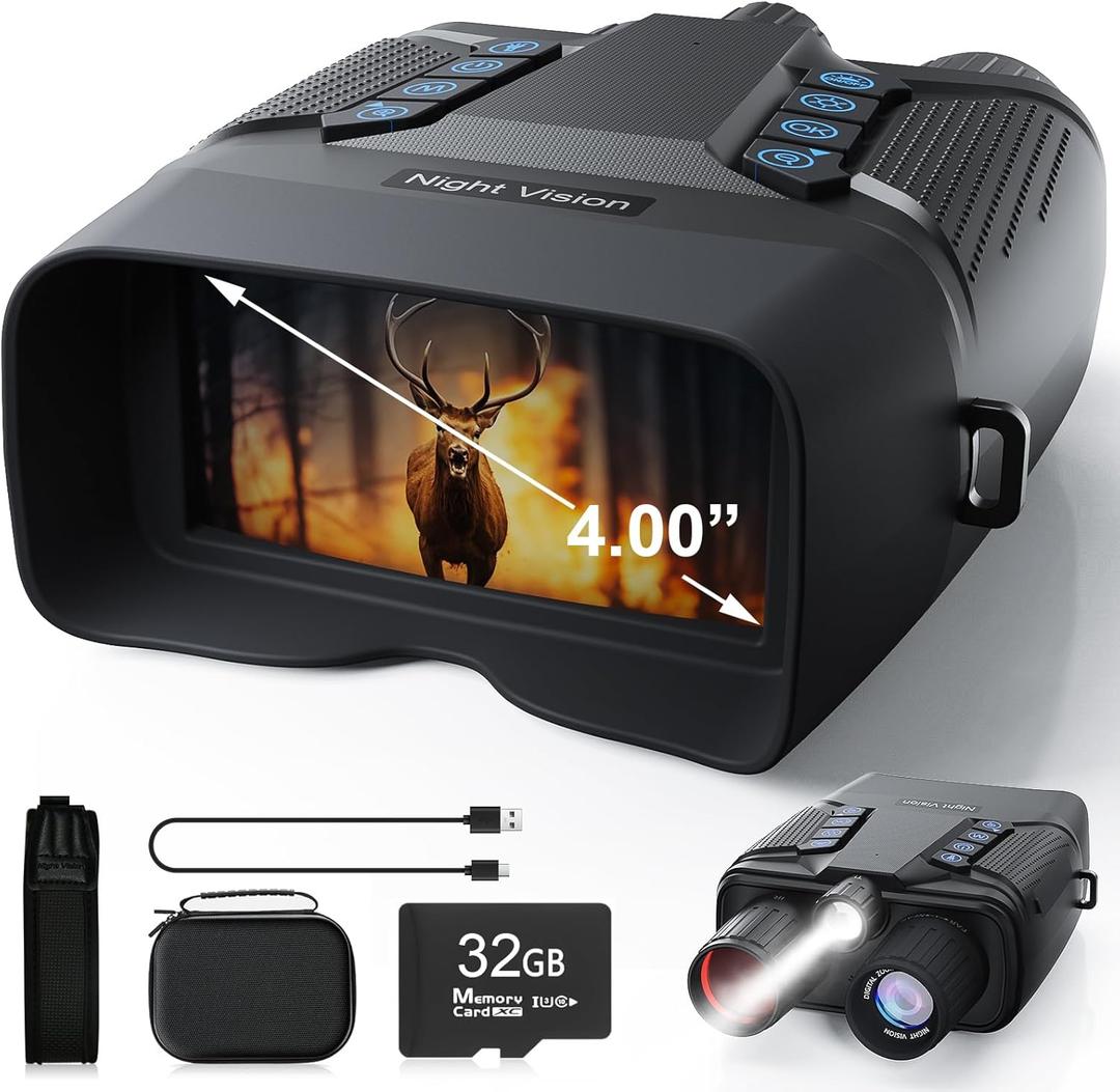 Night Vision Goggles, Night Vision Binoculars for Adult, 4.0 Screen, 4K UHD Video & 40MP Image, 8X Digital Zoom, 32GB Card, 2000FT Infrared Binoculars with Tactical Light for Camping Hunting (Black)