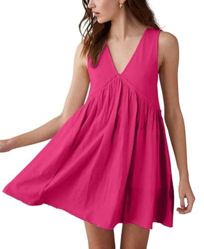 Aimiray Women's Casual Sleeveless Mini Dress Loose V Neck Backless Pleated Short Tank Sundress with Pockets(Rose-M)