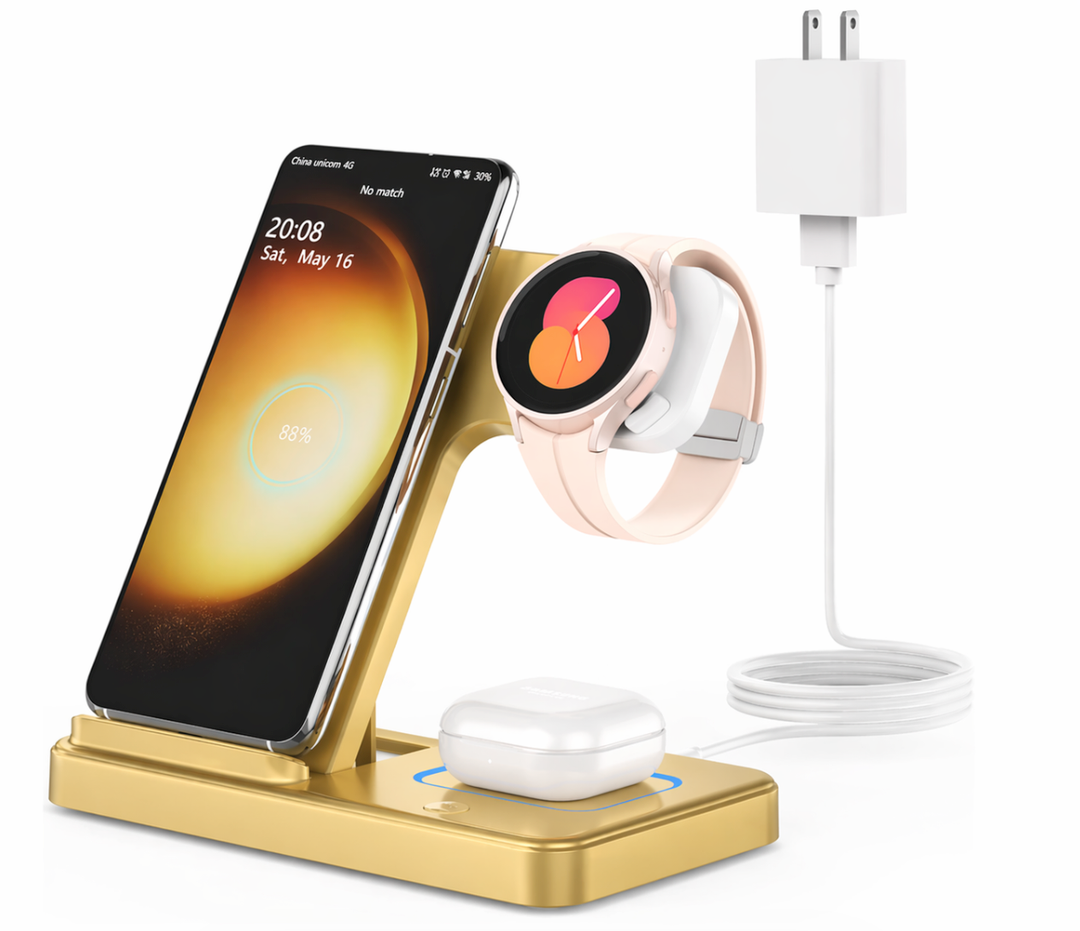 Wireless Charger for Samsung Charging Station: GEEKERA 3 in 1 Foldable Phone Charger Stand for Galaxy Watch6/5 Pro/4/3/Active, S24 Ultra/S24 Plus/S23/S22/S21, Z Fold/Flip Series, Android, Buds 2 Pro, Gold