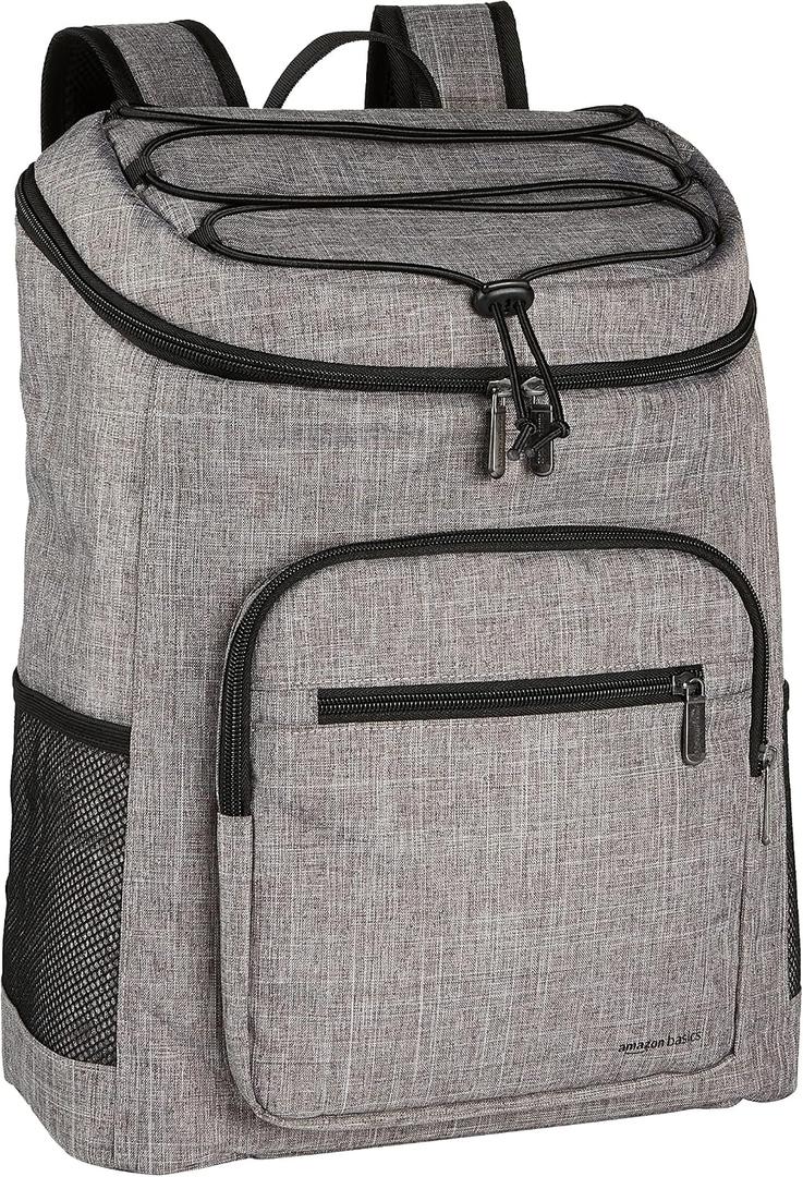 Amazon Basics Insulated Cooler Backpack, Leak-Proof, 30 Can Capacity, Portable Soft Sided Cooler, Keeps Cold for Hours, Gray