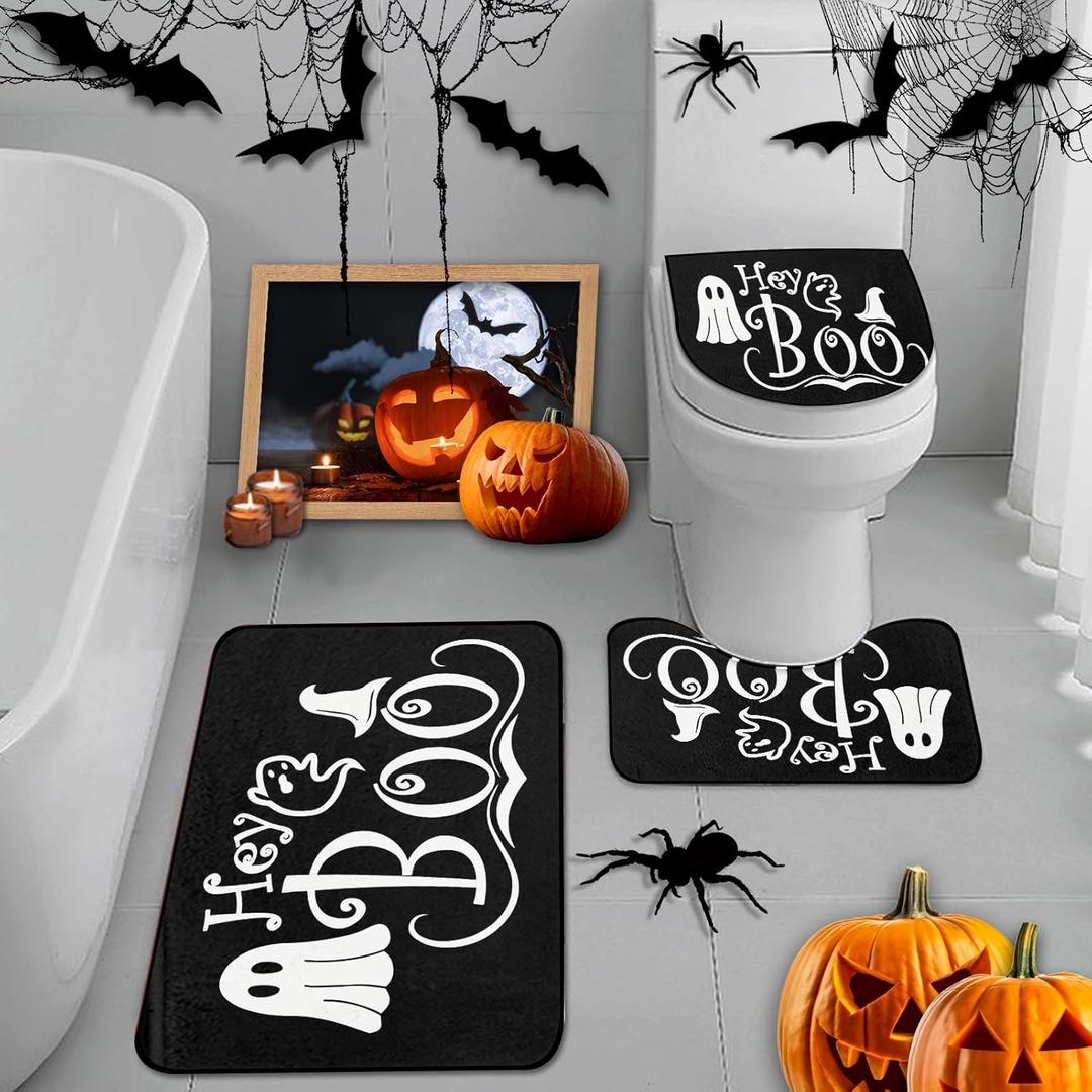 Arttown Halloween Horror Bathroom Rug Set of 3 Spooky Hey Black 3 Pieces Bath Mats Set No Slip Washable Cover Floor Rug Decorations for Bathroom