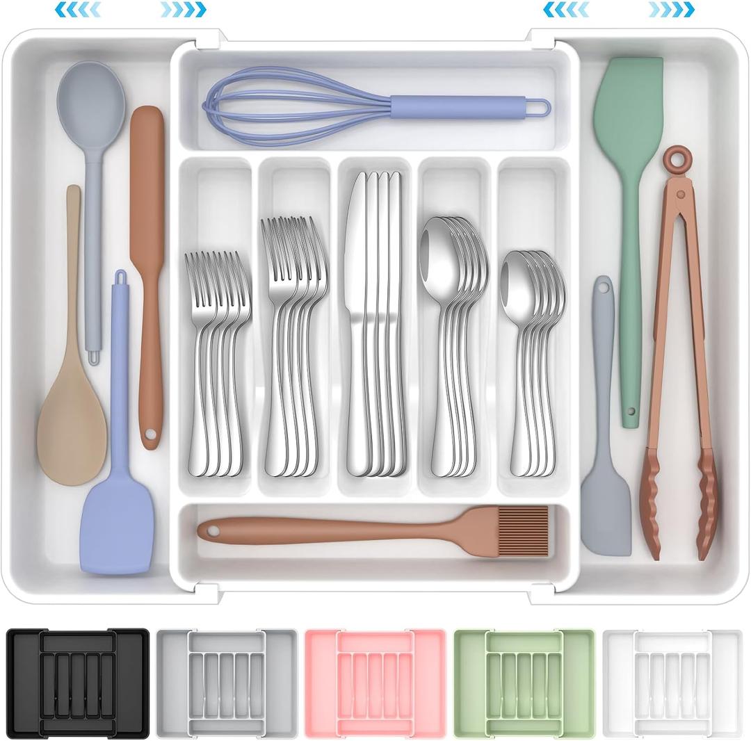Ukeetap Extra Large Expandable Silverware Organizer, BPA-Free Food-Safe Cutlery Flatware Organizer, Kitchen Utensil Drawer Organizer, Adjustable Silverware Holder for Spoons Forks Knives, White