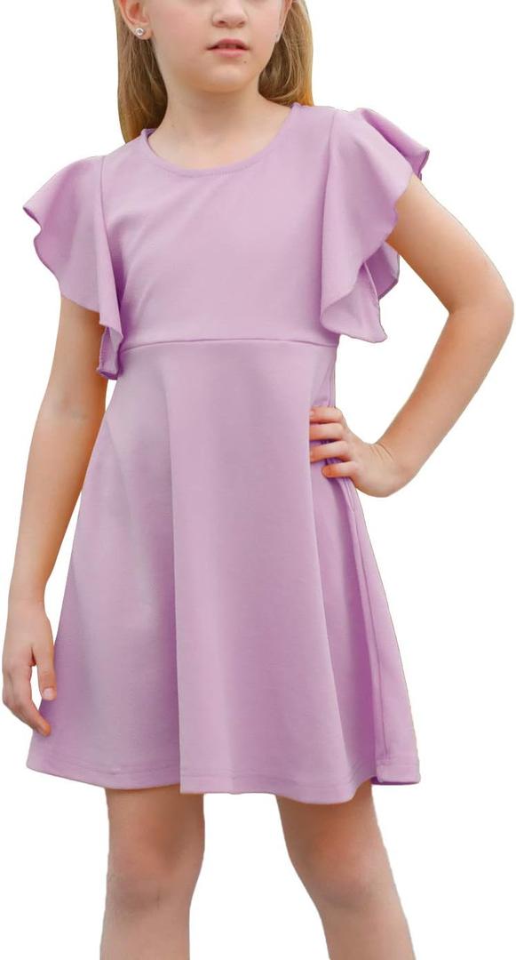 GORLYA Girl's Flutter Sleeve Stretchy A-Line Swing Flared Skater Party Dress with Pockets for 4-12 Years Kids (Pink)