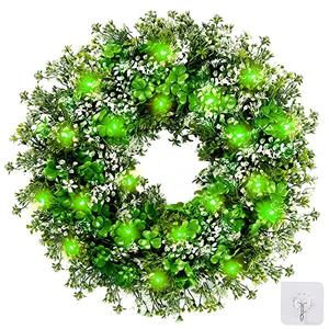 Sggvecsy 17.7’’ St. Patrick's Day Shamrocks Wreath for Front Door with 30 Green Lights Artificial Greenery Clover Wreath for Irish St. Patrick's Day Decoration Wall Window Outdoor Indoor Home Decor