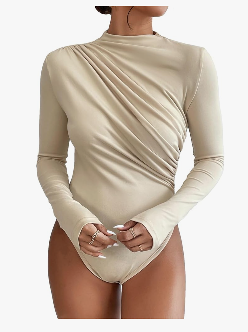 SweatyRocks Women's Bodysuit Mock Neck Casual Ruched Long Sleeve Jumpsuit Size M