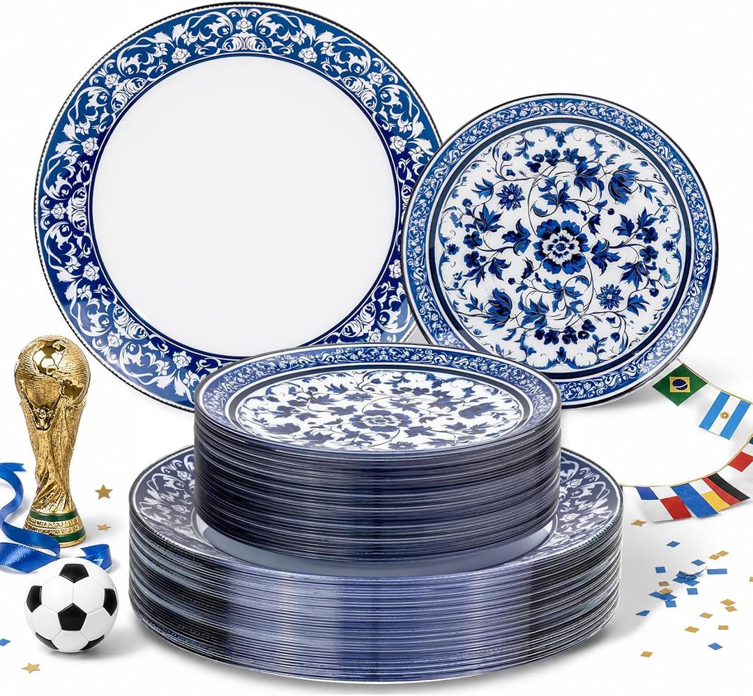 Hioasis 60pcs Blue Plastic Plates Set - Floral Blue & White Porcelain Design, 10.25" Dinner & 7.5" Dessert Plates Disposable for Wedding (Dishwasher Safe, Art Style)