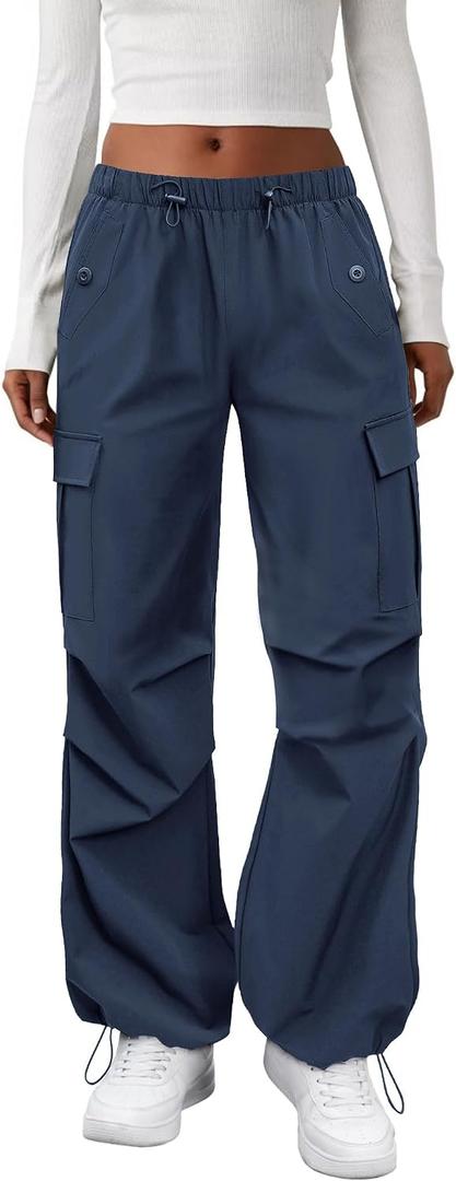 COPYLEAF Cargo Pants Women Elastic Waisted Parachute Hiking Pants with Pockets Water-Resistant Lightweight Baggy Pants (Blue, M)