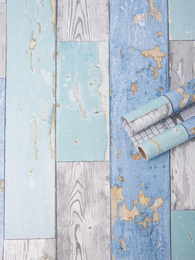 Art3d 17.7"x78.7" Peel and Stick Wallpaper - Decorative Self Adhesive Vinyl Film Wood Grain Wallpaper for Furniture Cabinet Countertop Shelf Paper, Blue Distressed Wood (Grey Shiplap Wallpaper)