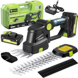 Saker Cordless Hedge Trimmer-20V Electric Shrub Trimmer Grass Shears Handheld Grass Cutter, Hedge Shear with 2 PCS Rechargeable Battery and Charger for Garden, Lawn (GREEN HEDGE TRIMMER+2 BATTERIES)