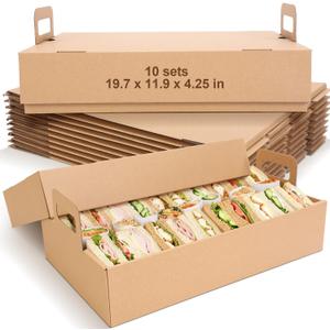 Ceenna 10-pack Kraft Paper Catering Trays with Lids 19.7 x 11.9 x 4.25 Inch Disposable Picnic Platter Serving Boxes for Food Packaging, Cookies, Takeout Food