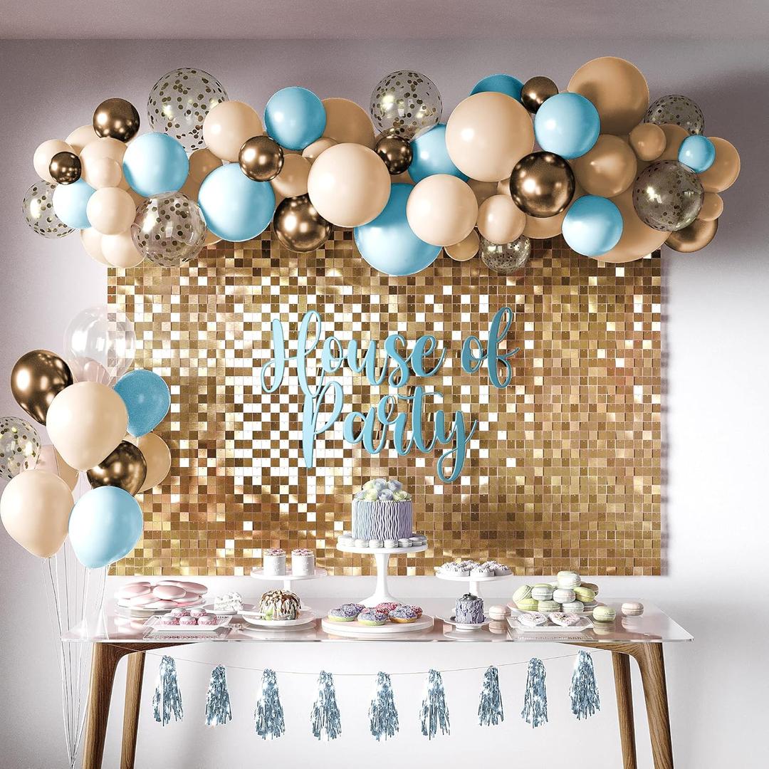 HOUSE OF PARTY Shimmer Wall Backdrop Panels 12 Panel - Gold Square Sequin Backdrop, Shimmer Backdrop for Birthday Decorations, Wedding, Gender Reveal & Baby Shower Party Supplies