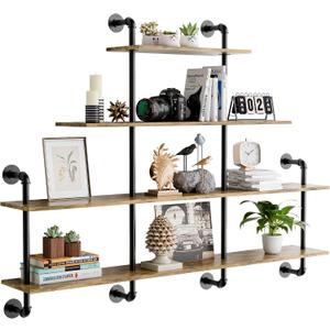 Industrial Pipe Shelving, 4 Tier Rustic Wooden Floating Shelves, Wall Display Bookshelf, Storage Rack Sundries Holder for Kitchen Office Bathroom Organization and Home Decor, 63 Inch