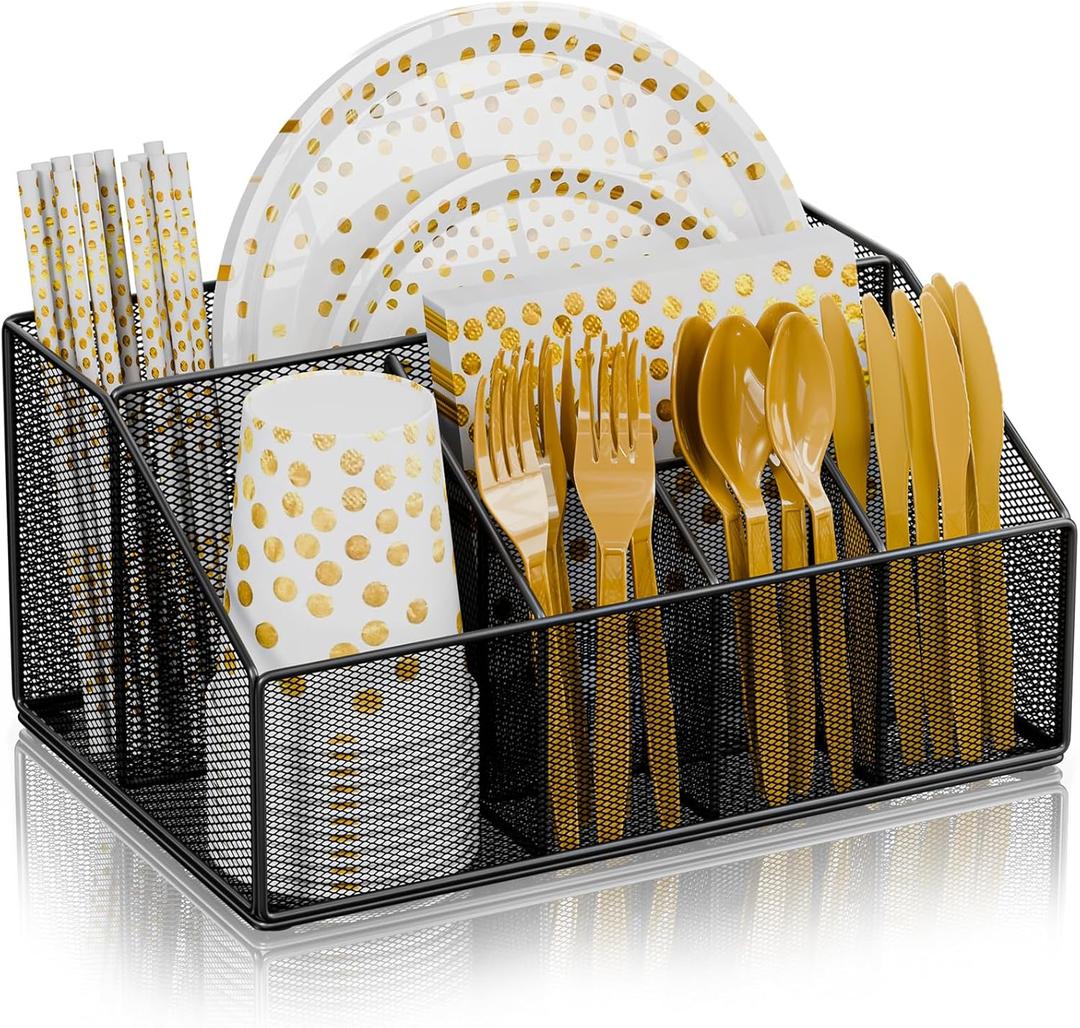 Metal Paper Plate Holder Dispenser, Disposable Paper Plate Utensils Holder for Party, Napkin Cups-Silverware Cutlery Holders Caddy for Kitchen Counter, Black