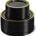 200 PCS Black and Gold Plastic Plates, Party Black Disposable Plates Include 100 10 inch Dinner Plate and 100 7 inch Dessert Plate,black gold rim plates Perfect for Party & Wedding