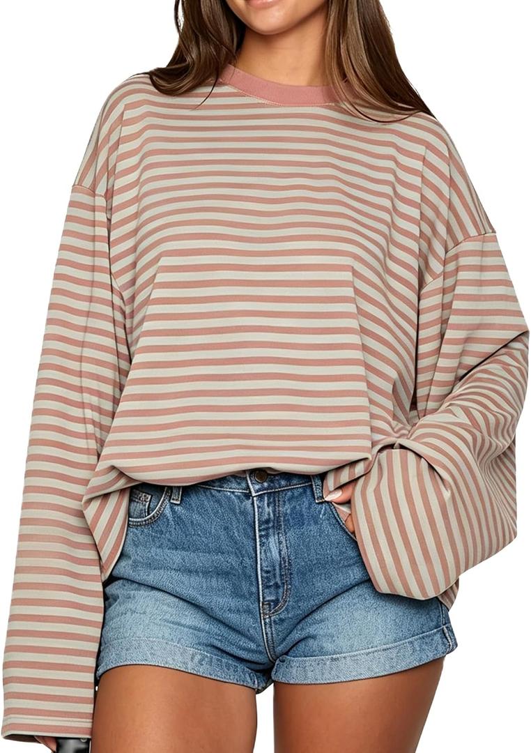 KOSUSANILL Women Oversized Striped Long Sleeve Shirt Crewneck Cropped Tops Drop Shoulder Y2K Preppy Sweatshirt Fall Clothes (Large, Pink)