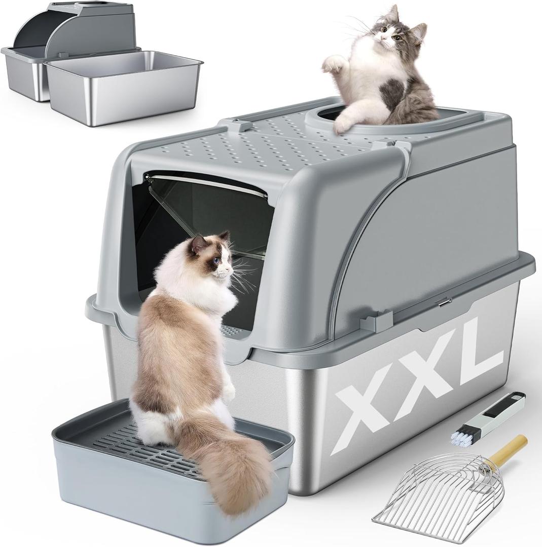 Stainless Steel Litter Box, XXL Large Metal Covered Litter Boxes, Dual Entrance Detachable Cat Litter Box with Lid, 16.6'' High Wall Urine Leak Prevention with Cat Litter Scoop (Gray) (1 Pack)