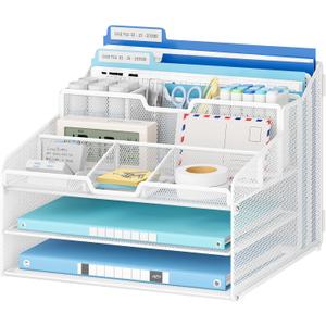 Lavatino Desk Paper File Organizer - Metal Mesh with 2 Letter Trays, 7 Flexible Dividers, 2 Vertical File Folder Holders for Office/Home/Classroom Supplies, Desk Organizers and Accessories, White