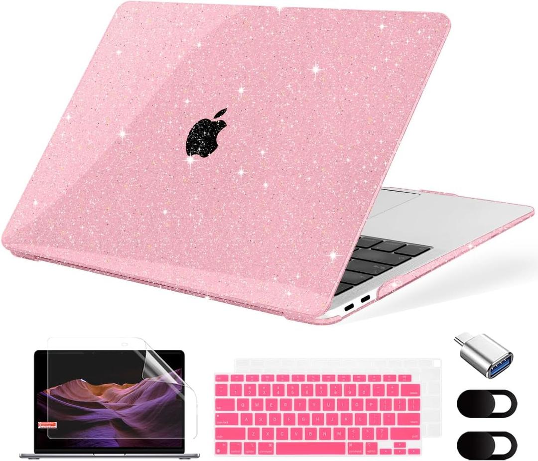 Compatible with MacBook Air 13.3 inch Case 2021-2018 Release A2337 M1 A2179 A1932 Touch ID, Plastic Hard Shell&Keyboard Cover&Screen Protector&Webcam Cover&Type-C Adapter, Sparkly Pink