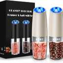 XinXu Gravity Electric Pepper and Salt Grinder Set, Adjustable Coarseness, Battery Powered with LED Light, One Hand Automatic Operation, 2 Pack -Khaki