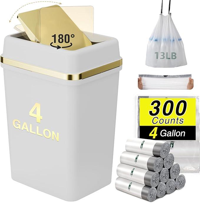 Bathroom Trash Can with Lid 4 Gallon Trash Can Small Garbage Can White Trash Can with 300 Counts Trash Bags for Kitchen Bedroom Office Dorm