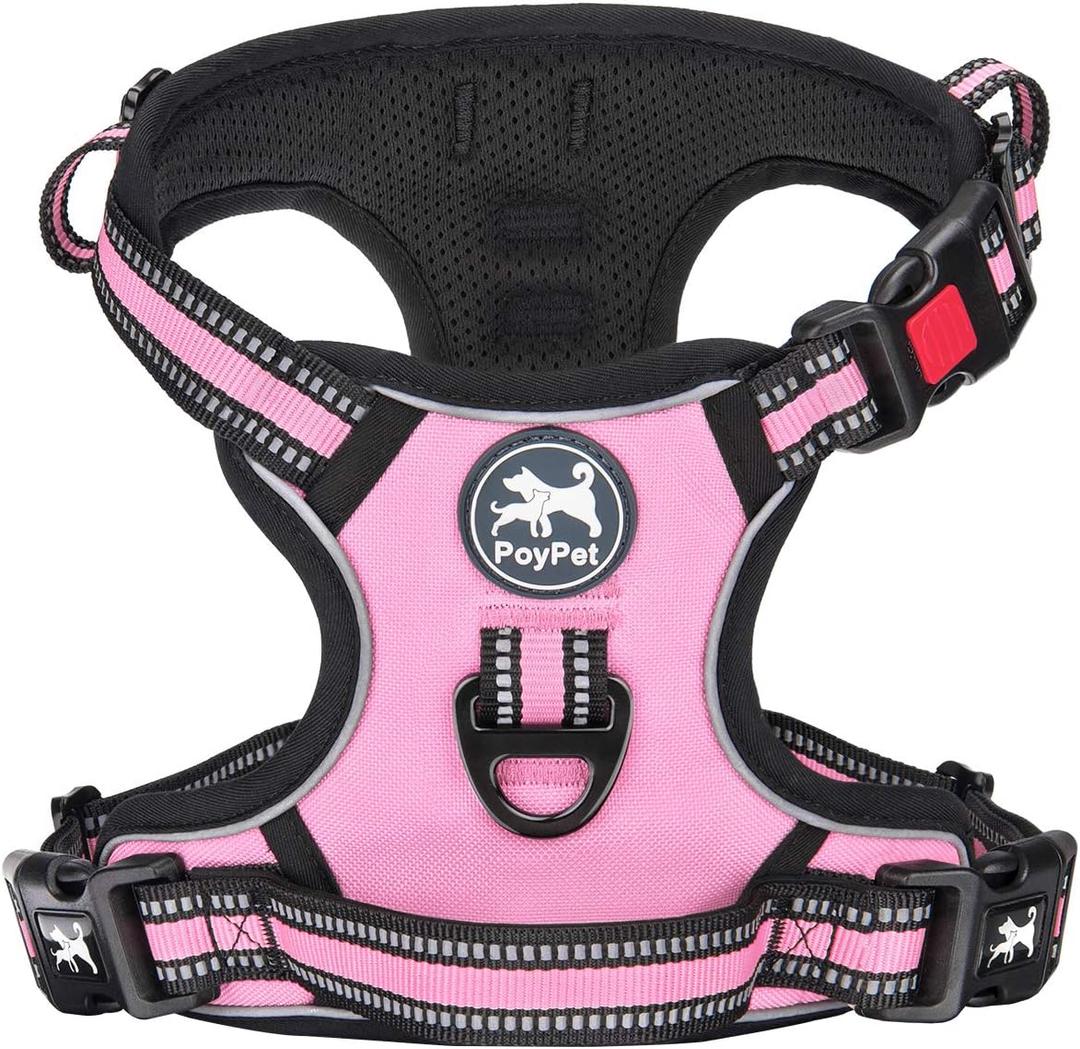 PoyPet No Pull Dog Harness, [Release on Neck] Reflective Adjustable No Choke Pet Vest with Front & Back 2 Leash Attachments, Soft Control Training Handle for Small Medium Large Dogs(Light Pink,S)