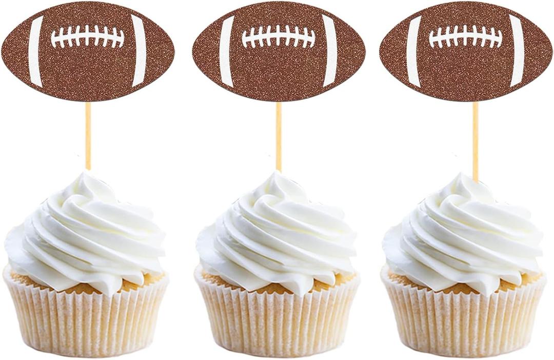 24pc Glitter Football Cupcake Toppers for Football Party, Baby Shower Decorations