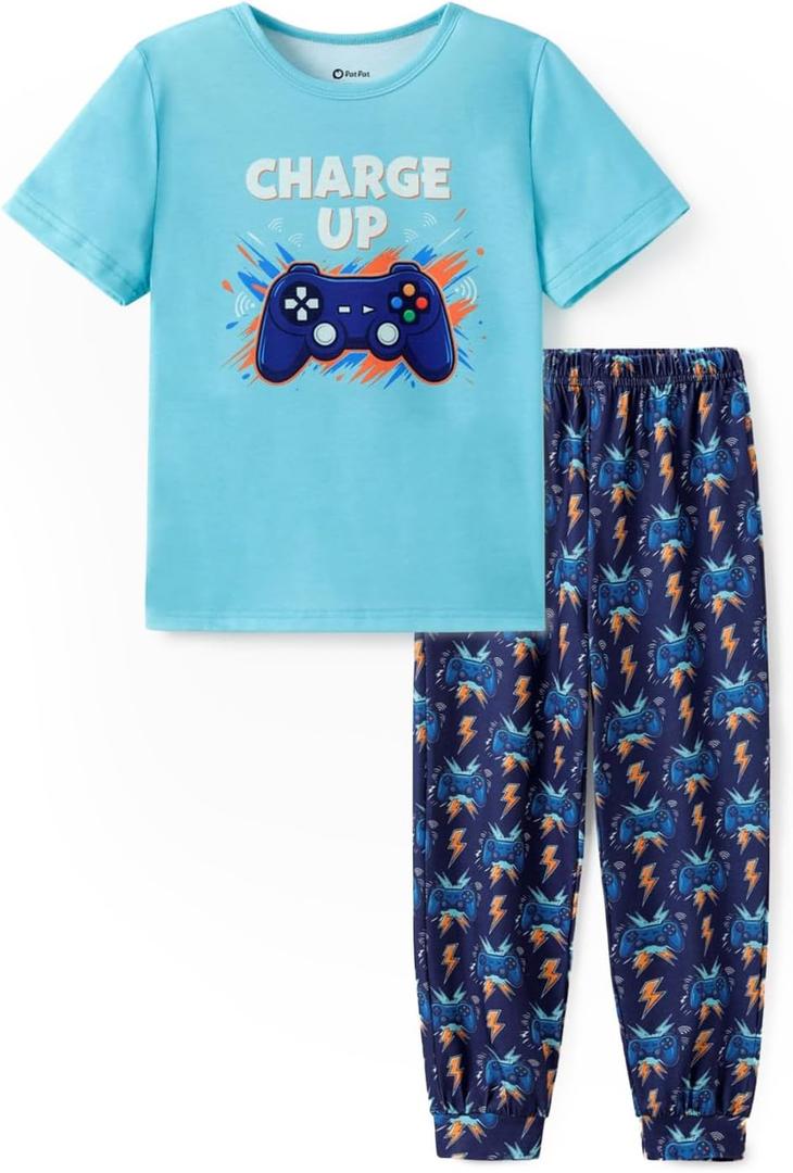 PATPAT Boys Pajamas Sets Summer 2 Piece Loungewear Loose Short Sleeve Tops and Pants PJs Soft Sleepwear 5-12 Years