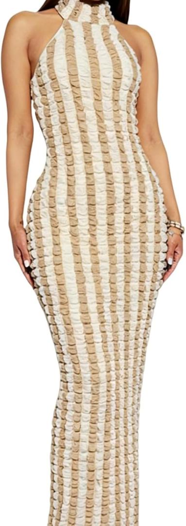Womens Casual Sexy Halter Sleeveless Sundresses Bubble Textured Backless Prom Cocktail Maxi Dresses (Large, Brown)