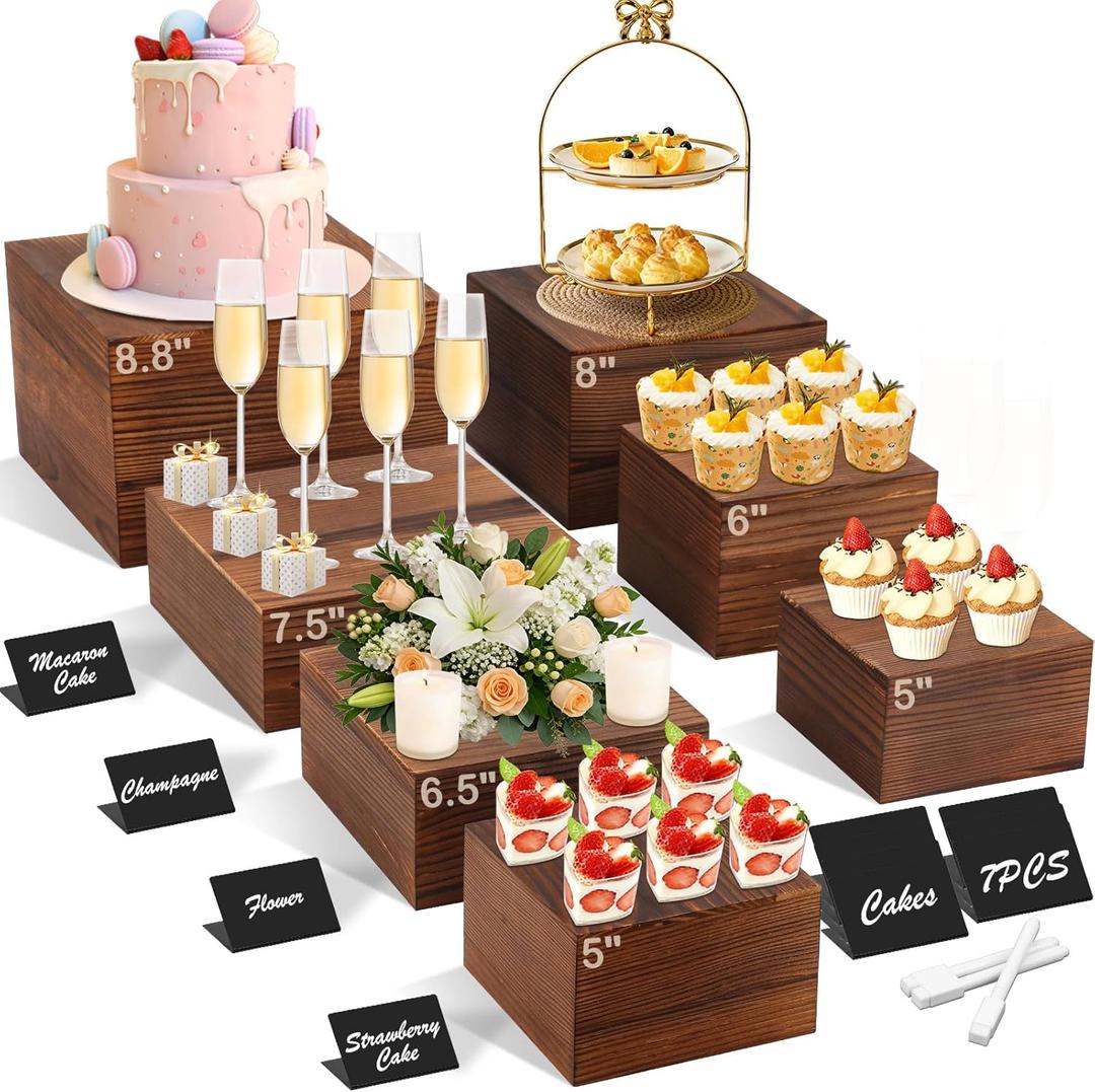 Qinzave 7 Pack Wooden Risers Display Stands with Acrylic Maker Pen and Mini Sign, Food Risers for Buffet Table Shelf Display Stand for Party Catering Dessert Cupcake Jewelry