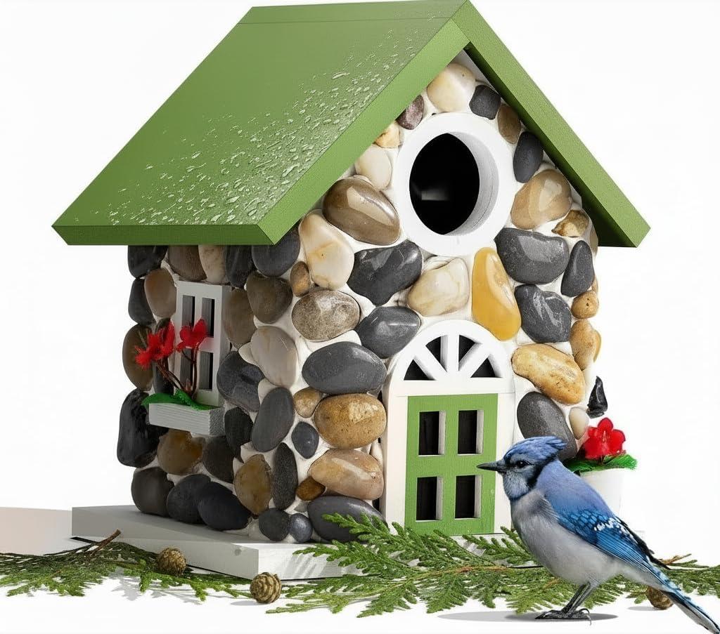 Masterpiece Bluebird House for Outside Clearance,Hanging Bird House for Outdoor, Stone Villa, River Pebbles Birdhouse for Outside, Garden Statue Solid Wood Longtime Lasting, Post Pole Mountable (Old World Green)