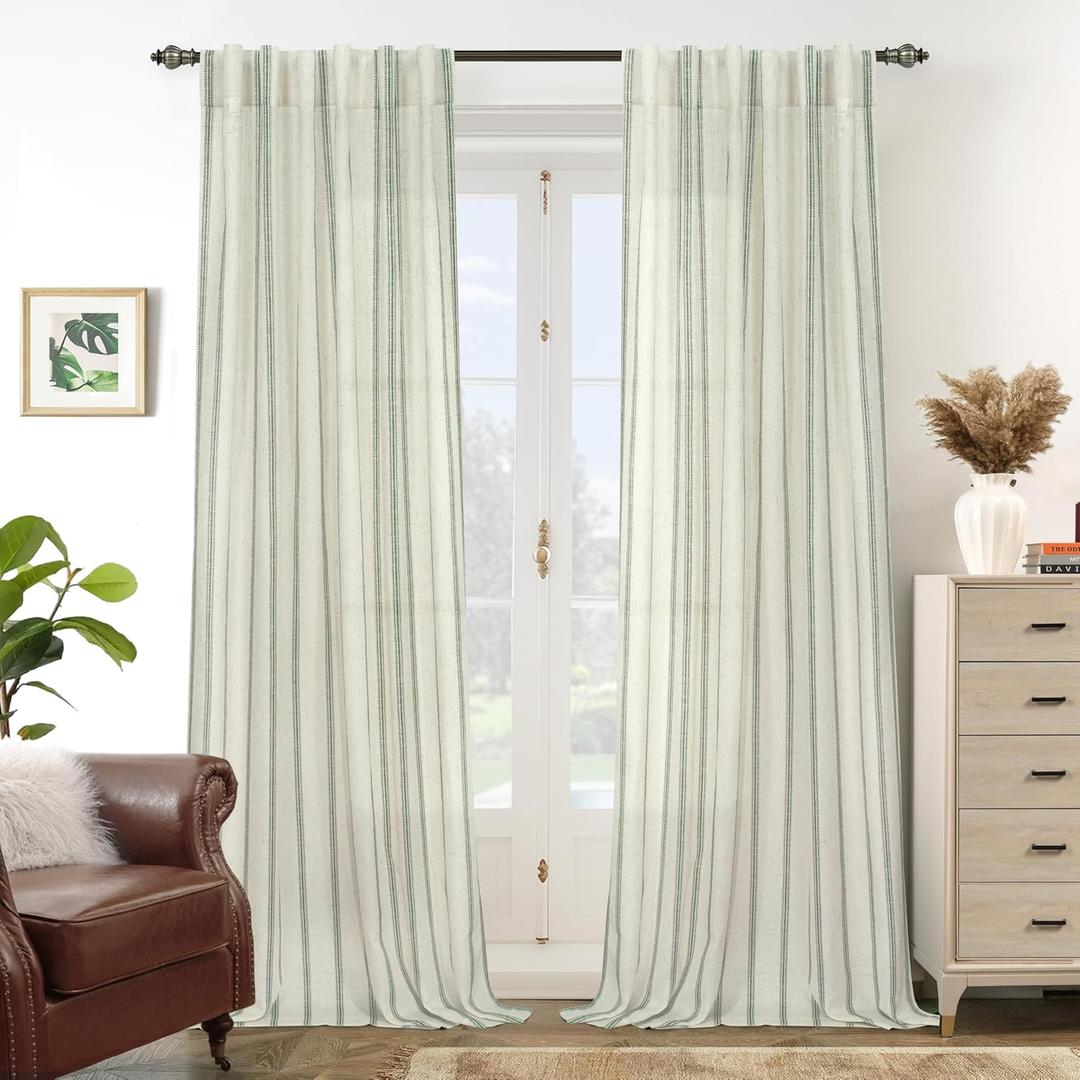 DriftAway Farmhouse Vertical Striped Linen Blend Textured Light Filtering Semi Sheer Curtains for Living Room Bedroom 84 Inches Long Drapes 2 Panels Linen Loden Green