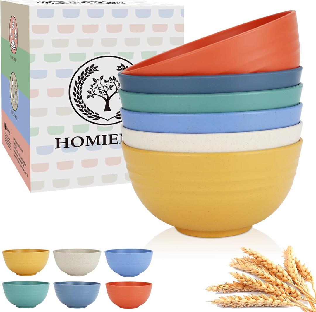 Homienly Wheat Starw Cereal Bowls, Unbreakable Bowl Set 6 PCS, Microwave and Dishwasher Safe Bowls, Alternative to Plastic Bowl Reusable, Bowl Set for Kitchen, Picnic, Camping, Party (26 OZ, Colorful)
