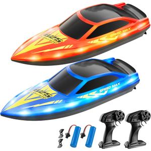 Remote Control Boat for Kids, RC Boat for Pool, Lake, River and Pond with LED Lights, Self-Righting, Waterproof, Fast Speed Racing Electric Boats 2 Speed Modes 60mins Rechargeable Batteries