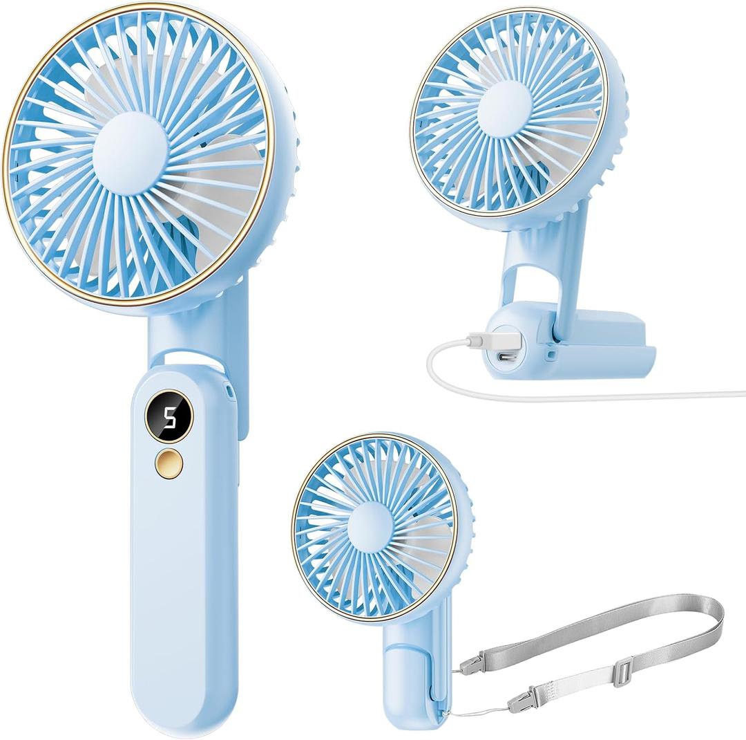 Portable Handheld Fan, [Up to 15 Working Hours],180° Foldable Personal Fan, USB Rechargeable Mini Hand Fans for Travel/Summer/Outdoor/Office, 5 Speeds Adjustable, LED Display,Blue, 2.8 x 5.9 x 3.8 inches