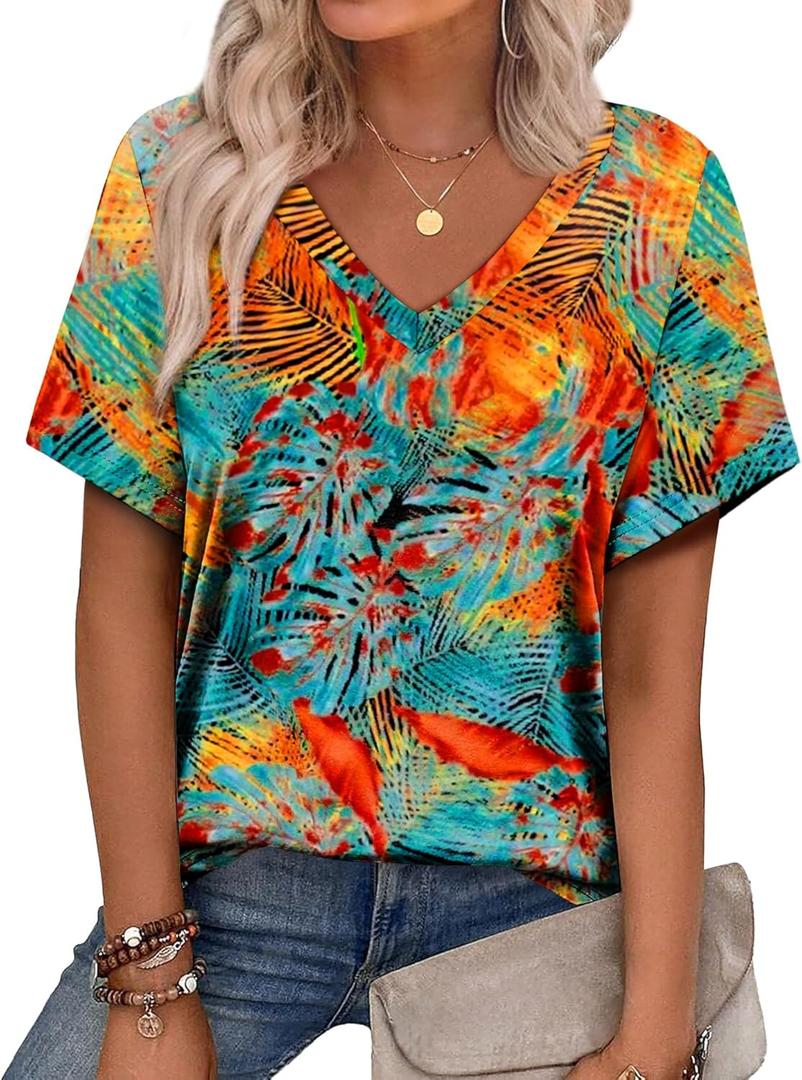 Alaroo Womens Summer Tops 2026 V Neck Short Sleeve Shirts Trendy Dressy Casual Vacation Outfits Printed (X-Large)