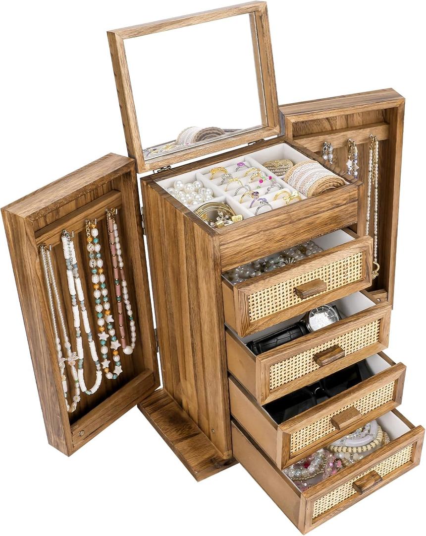 Jewelry Organizer, Rattan Jewelry Box, 5 Layer Wooden Jewelry Organizer Box with Mirror, Jewelry Boxes with 4 Drawers for Women Men, Jewelry Storage for Rings Earrings Necklaces Bracelets Watch (Natural (New))