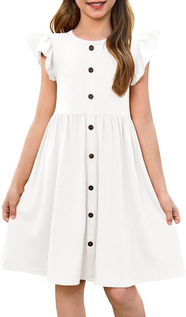 Haloumoning Girls Dress Kids Flutter Sleeve A-Line Button Down Sundress Casual Midi Dresses 5-14 Years (9-10 Years, White)