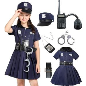 Wizland Police Costume For Girls Career Day Halloween Toddler Cop Costume Police Uniform Outfit for Girls 8-10Y