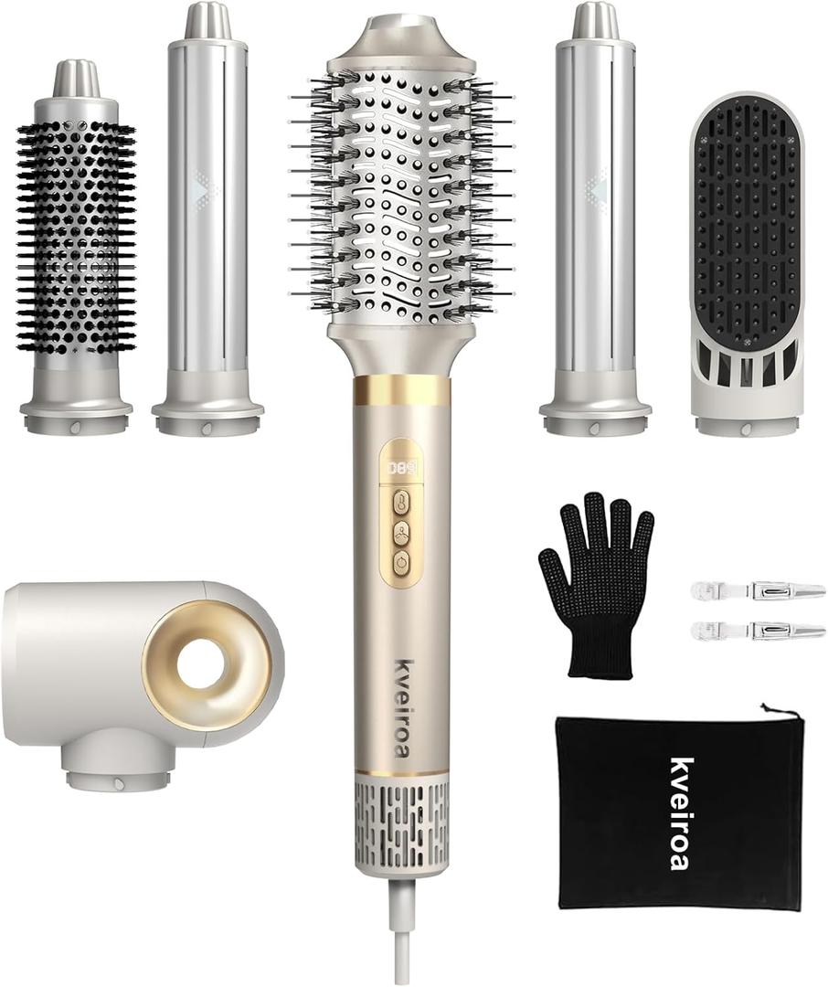 6 in 1 Hot Air Brush & Hair DryerHigh-Speed Hair Dryer Brush with Auto Wrap Curlers, Hot Air Styler Wrap Fast Drying & Frizz-Free Styling, No Heat Damage, Volumizing with Travel Bag (Stone)