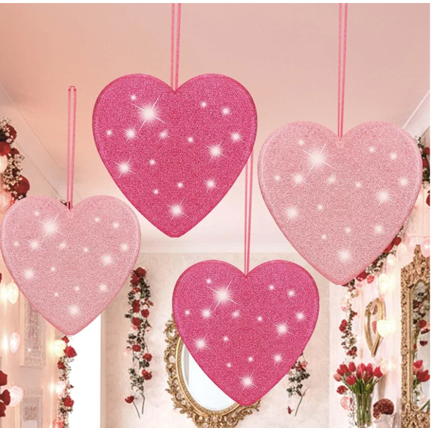 Jenaai 4 Pcs 11 Inch Valentines Large Heart Ornament Pink Glitter Hanging Hearts Decorations for Valentine's Day Tree Home Ceiling Wedding Birthday Party Decorations