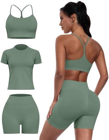 SALSPOR Women 3 Piece Workout Sets Seamless Running Tops Athletic Gym Yoga Short Y Back Sports Bras Outfits, XL