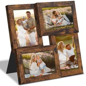 4x6 Collage Picture Frame Tempered Glass Front, Displays Four 4x6 Photo, Family Photo Collage Frame, Wall Decor Wall Hanging or Tabletop, Brown